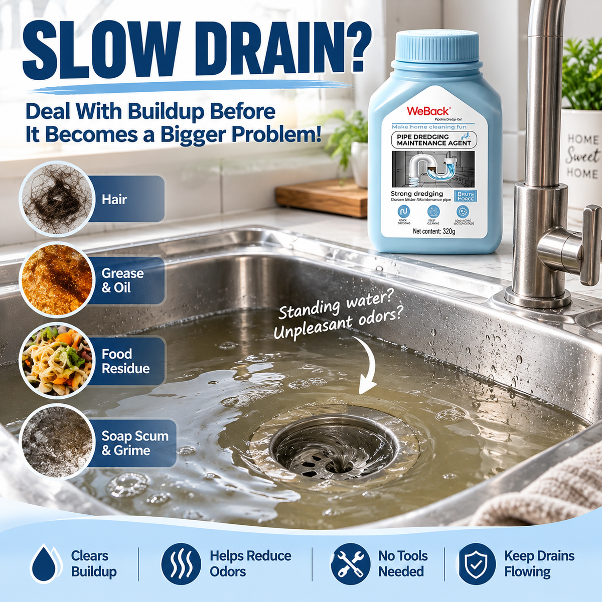💧 Powerful Drain Cleaner – Breaks Down Hair, Grease & Everyday Buildup
