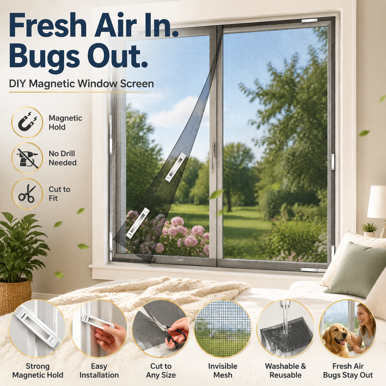 🪟 Magnetic Window Screen Kit – Cut-to-Fit No-Drill Mosquito Mesh for Any Window
