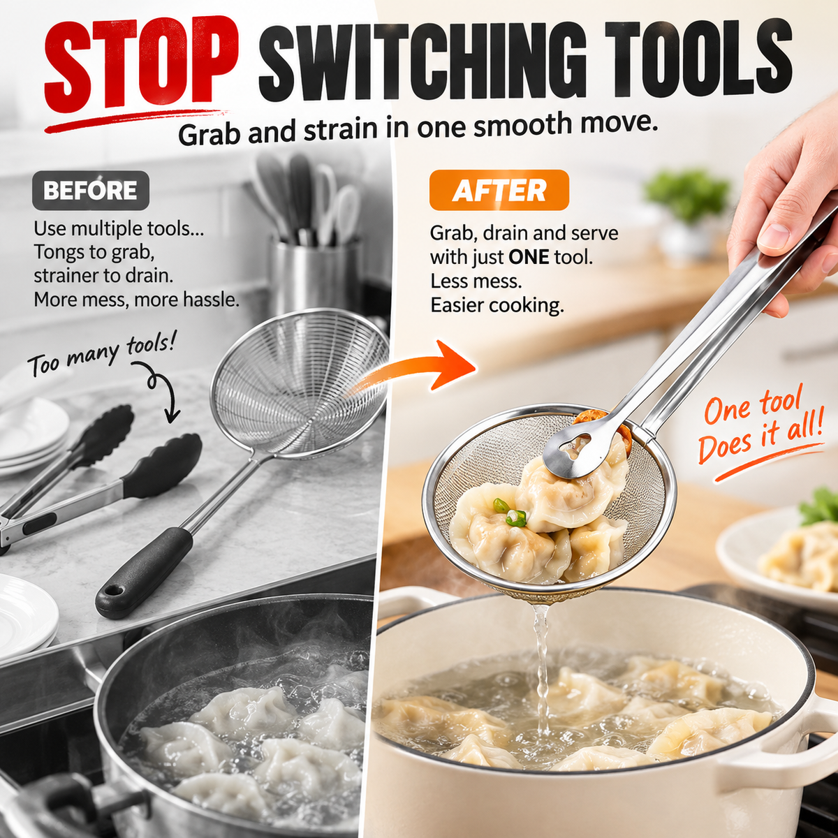 🔥 2pack-2-in-1 Stainless Steel Strainer Tongs – Grab, Drain & Serve with One Tool