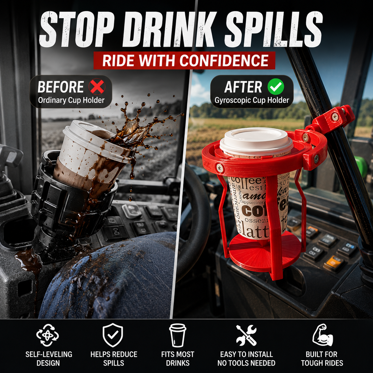 🚜 No-Spill Gyroscopic Cup Holder | Keep Drinks Upright Anywhere