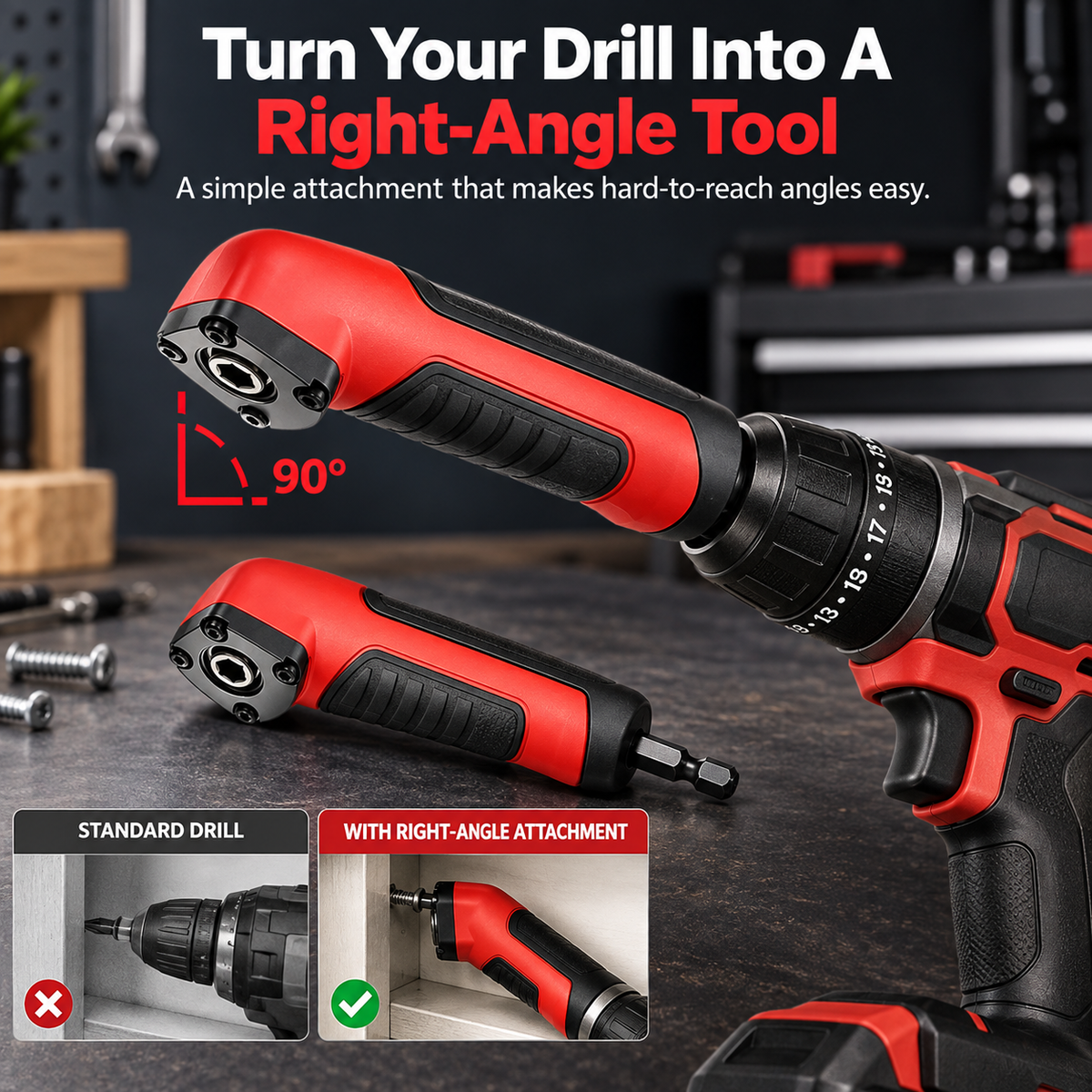 🔧 90° Right Angle Drill Adapter – Reach Tight Spaces Your Drill Can’t