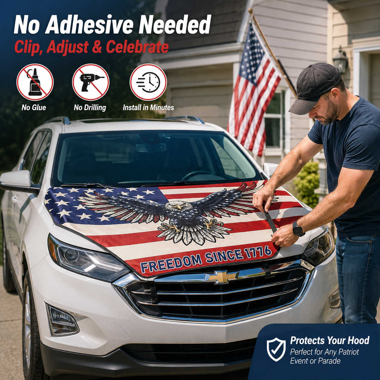 🇺🇸 Texas Flag Car Hood Cover with Dual Triangle Fasteners – Easy-Install Patriotic Decoration for Trucks, SUVs & Cars