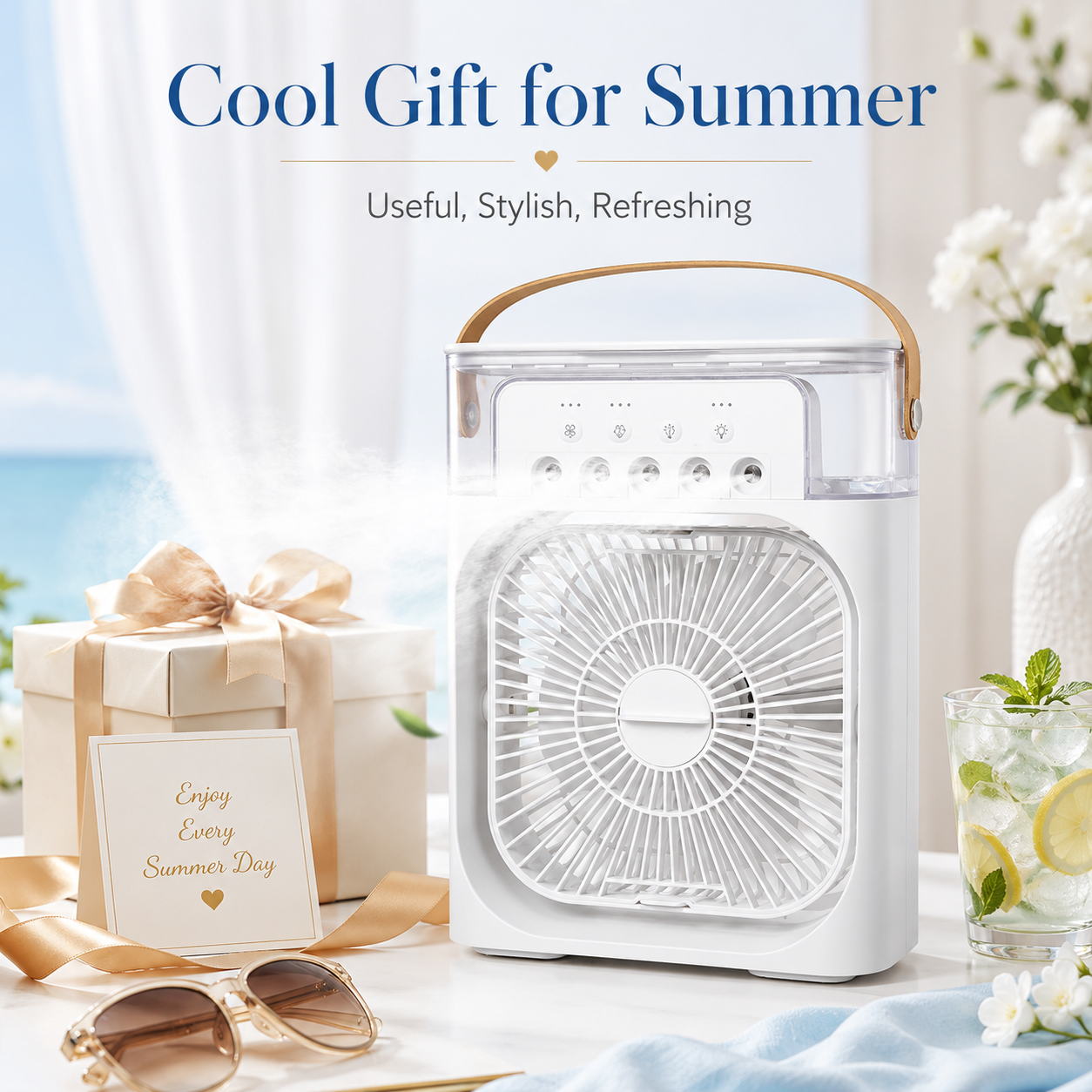 5‑Nozzle Desktop Spray Fan – 3in1 Air Cooler + Humidifier + 7‑Color Night Light, USB Personal Cooling Fan for Office Bedroom Dorm