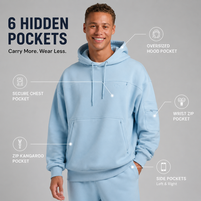 Heavyweight Fleece Hoodie With 6 Pockets - Oversized Zip Up Sweatshirt With Wrist Pocket & Kangaroo Pouch for Men Women