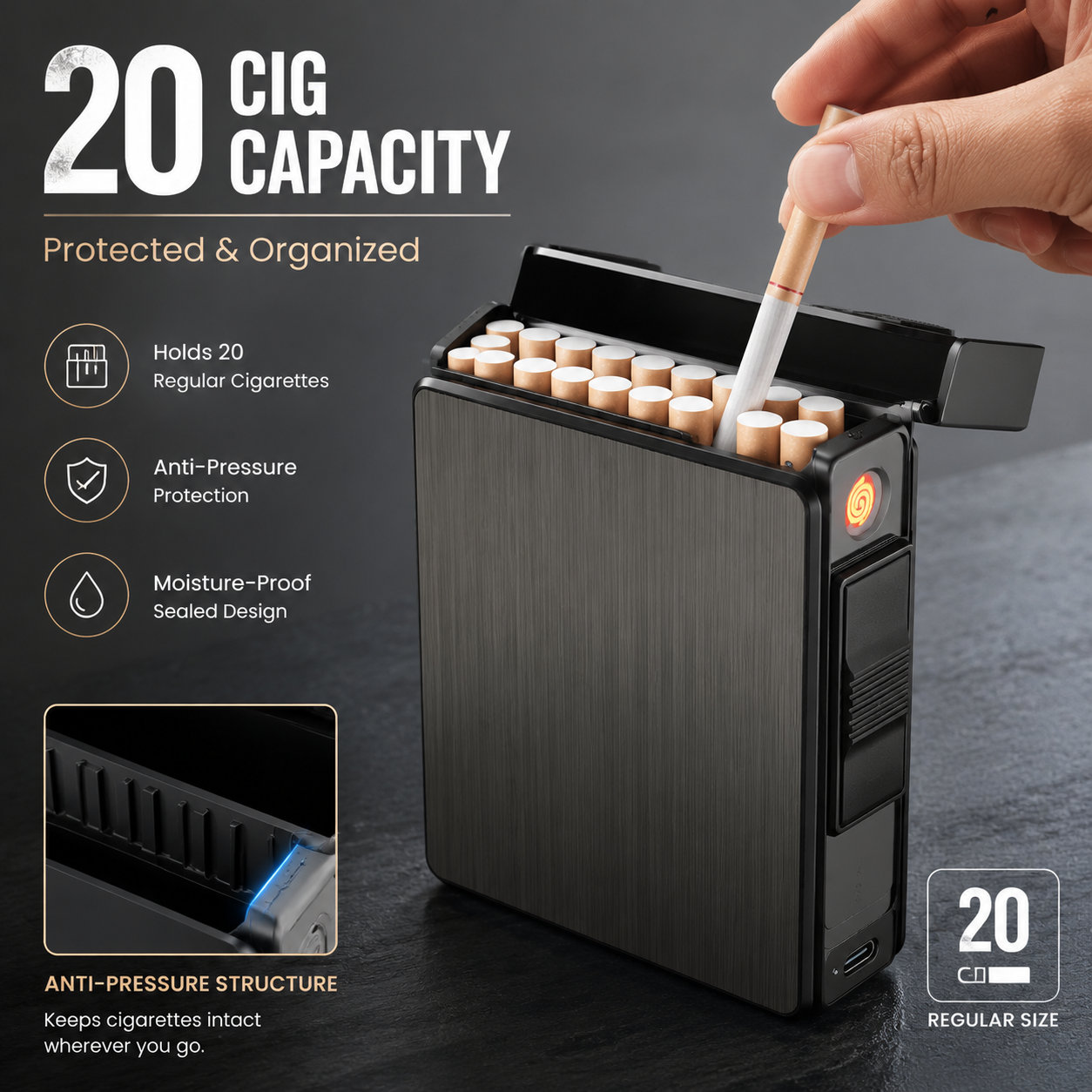 3-in-1 Multifunctional Cigarette Case | Windproof Electric & Gas Lighter EDC