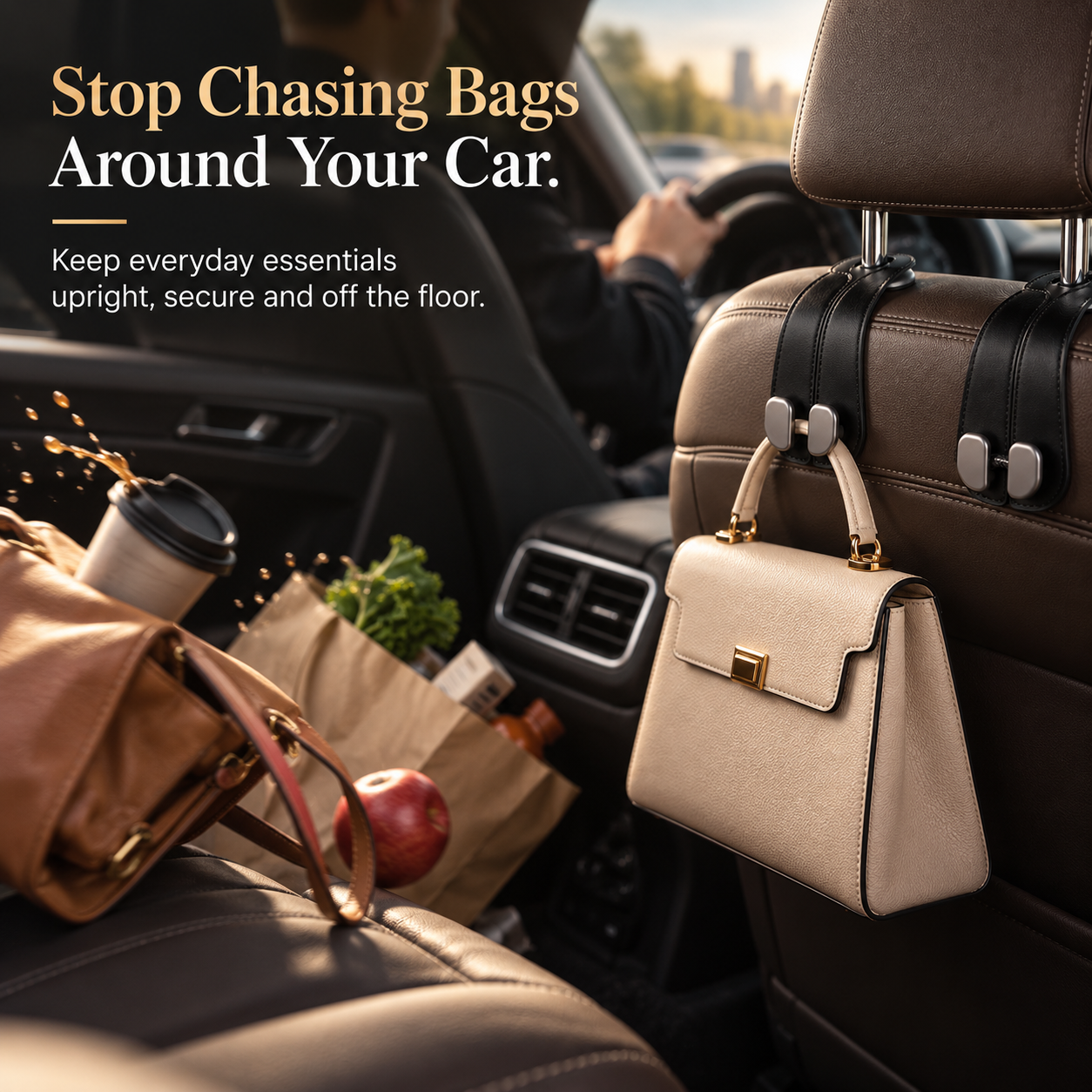 2PCS Premium Car Headrest Hooks – Leather Bag & Purse Organizer
