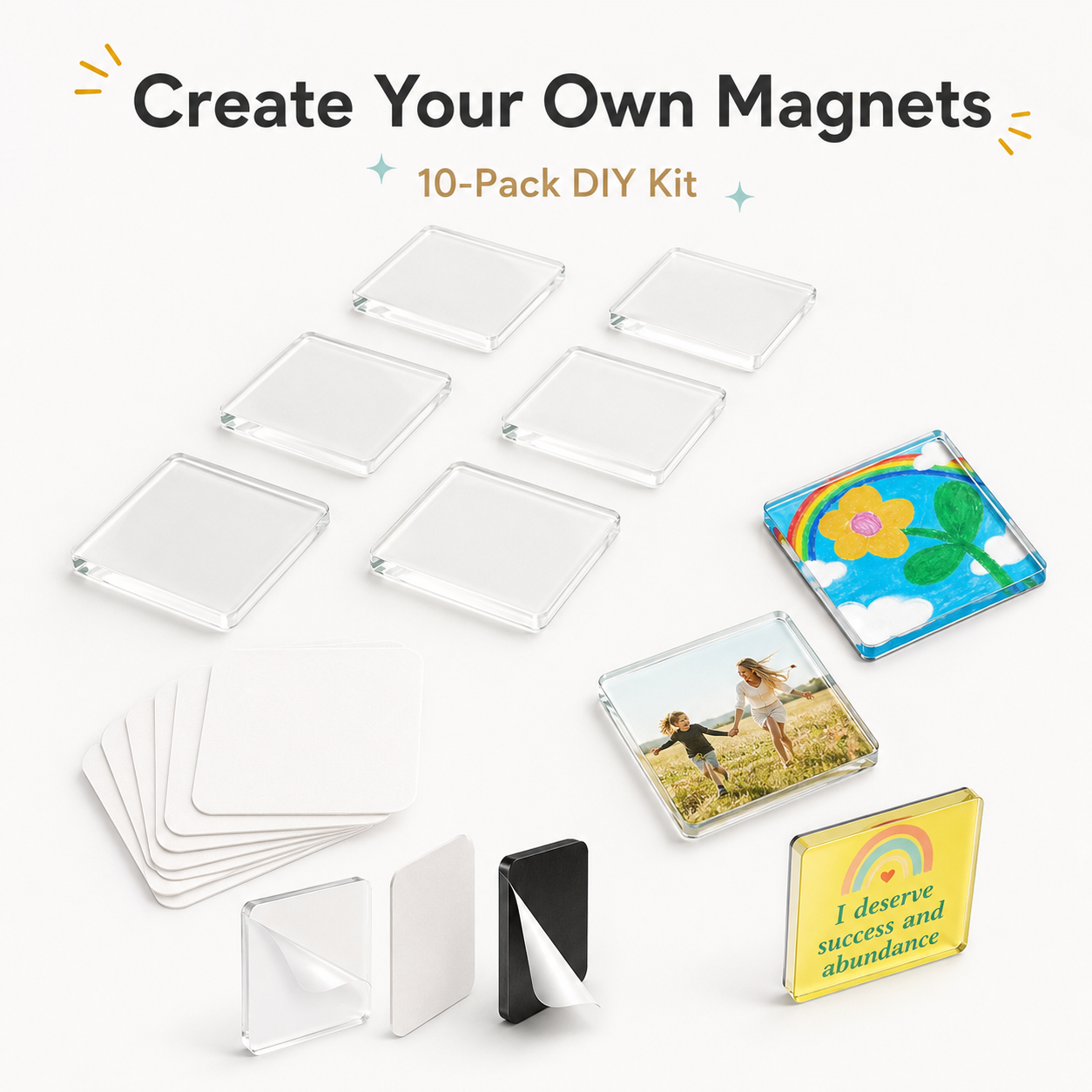 Clear Acrylic Magnetic Stickers 10 Pack, DIY Square Magnet Frames with Adhesive Backing