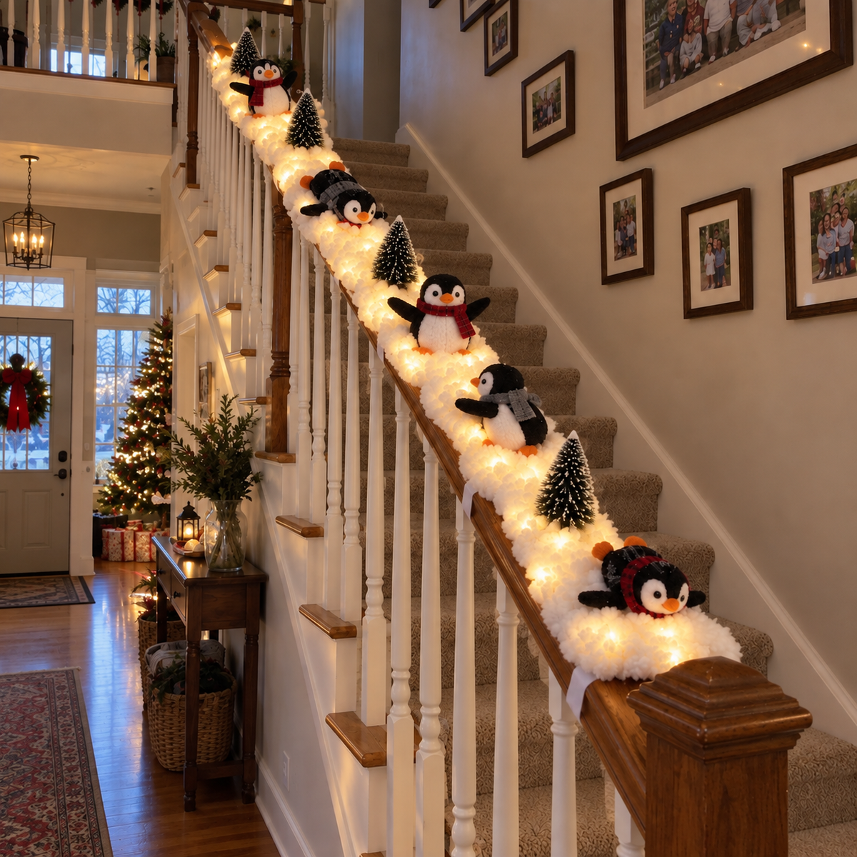 🐧 Light-Up Penguin Christmas Stair Garland – Turn Your Banister Into a Winter Wonderland ✨