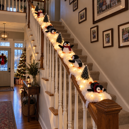 🐧 Light-Up Penguin Christmas Stair Garland – Turn Your Banister Into a Winter Wonderland ✨