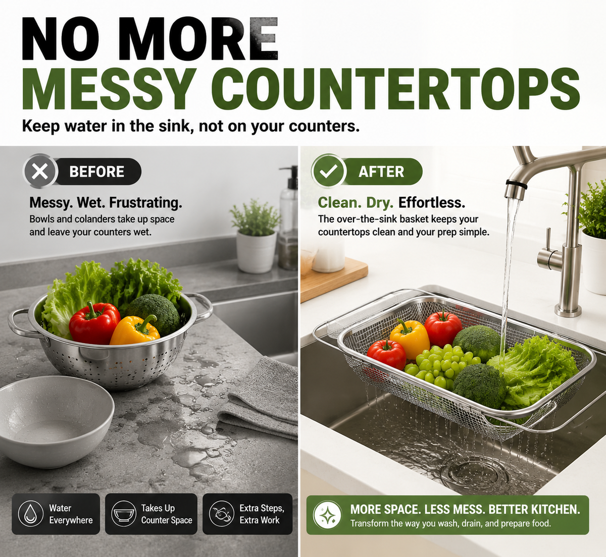 🥗 Expandable Over-The-Sink Colander Basket | Stainless Steel Kitchen Prep Station for Easy Washing, Draining & Space Saving
