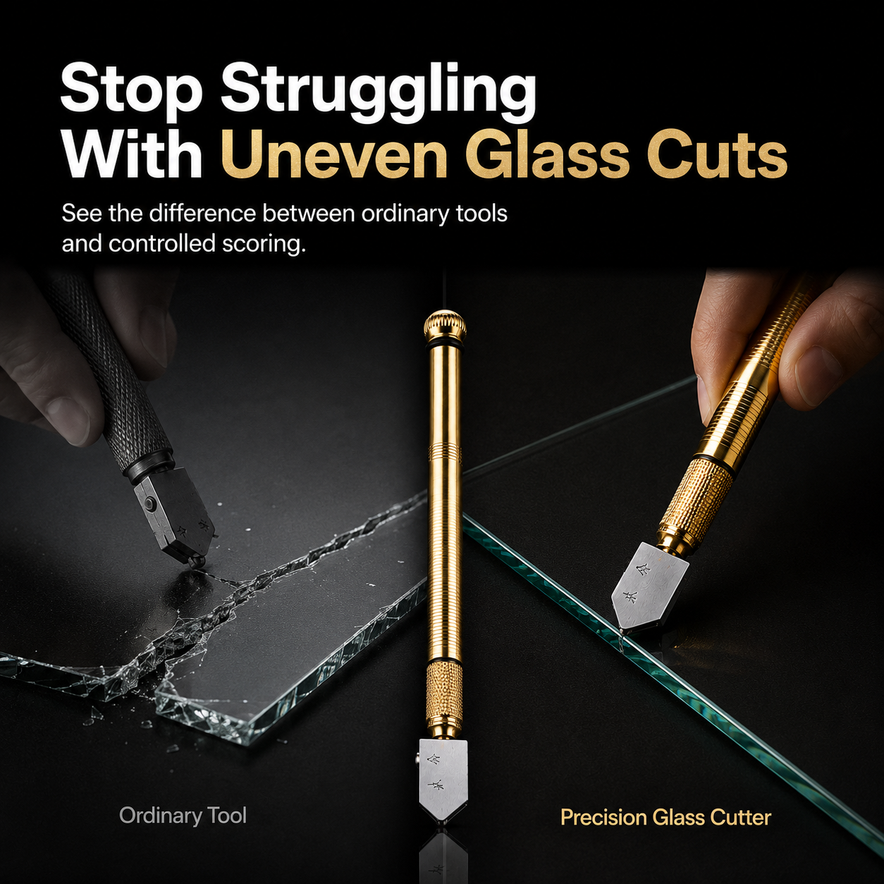 Comparison between uneven glass cutting and controlled precision scoring