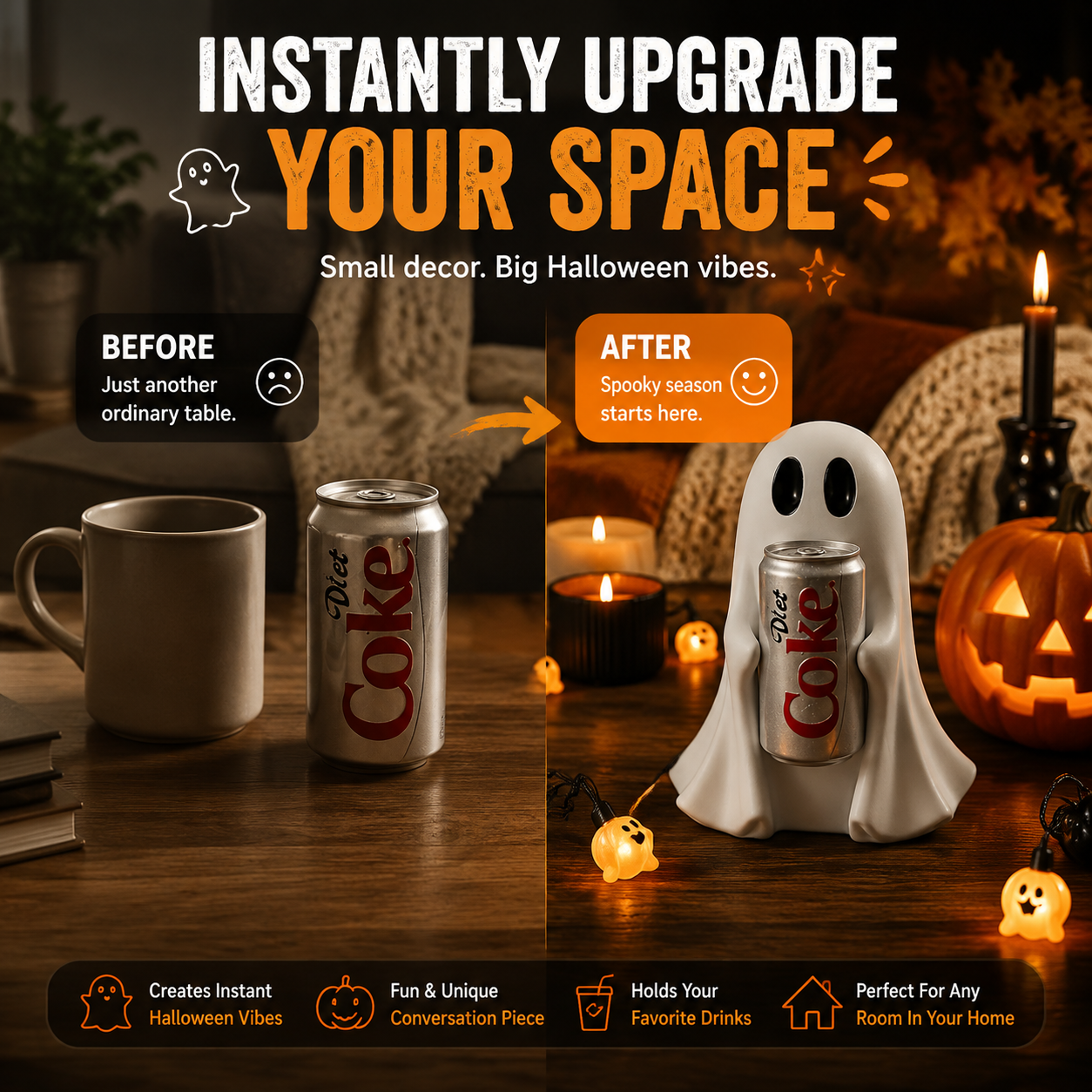 👻 Halloween Ghost Drink Holder – Cute Resin Ghost Decor for Drinks, Desk & Party Decorations
