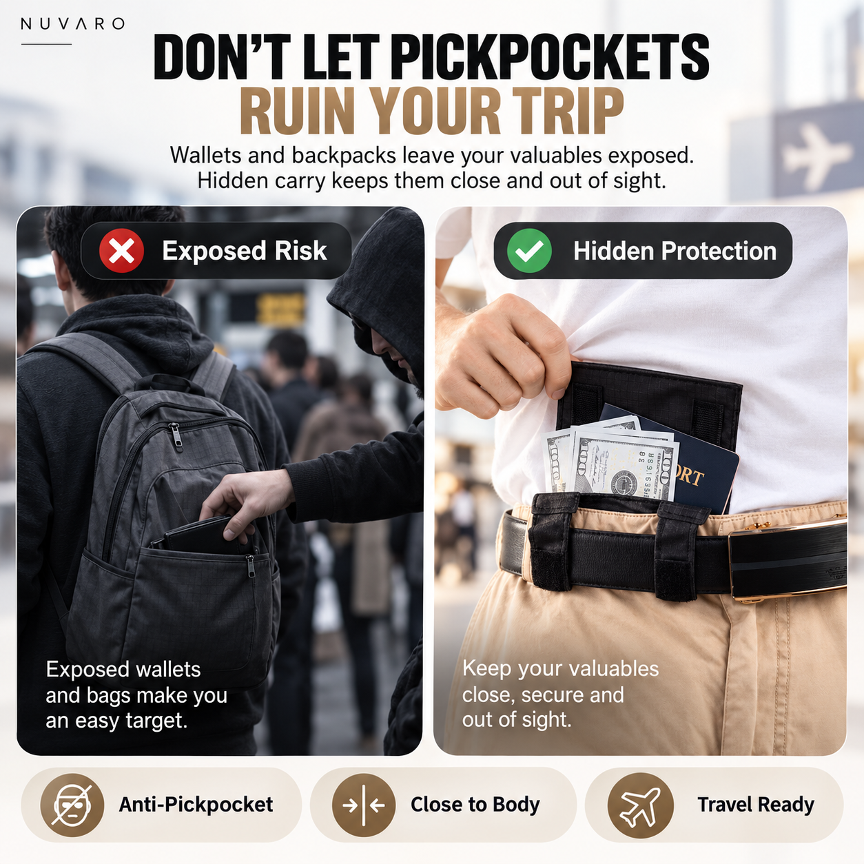 ✈️ Hidden Anti-Theft Passport Pouch – Slim Travel Security Belt Wallet for Cash, Cards & Documents
