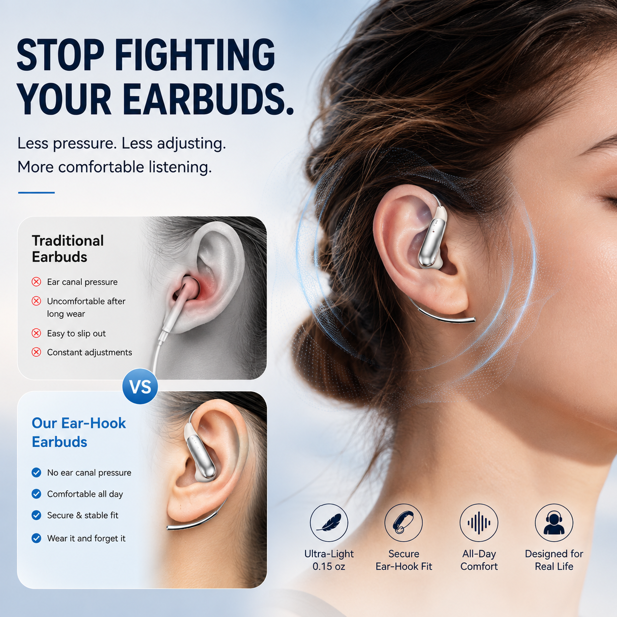 🎧 Ultra-Light Ear-Hook Wireless Earbuds – Secure Fit, Hi-Fi Sound & Long Battery Life