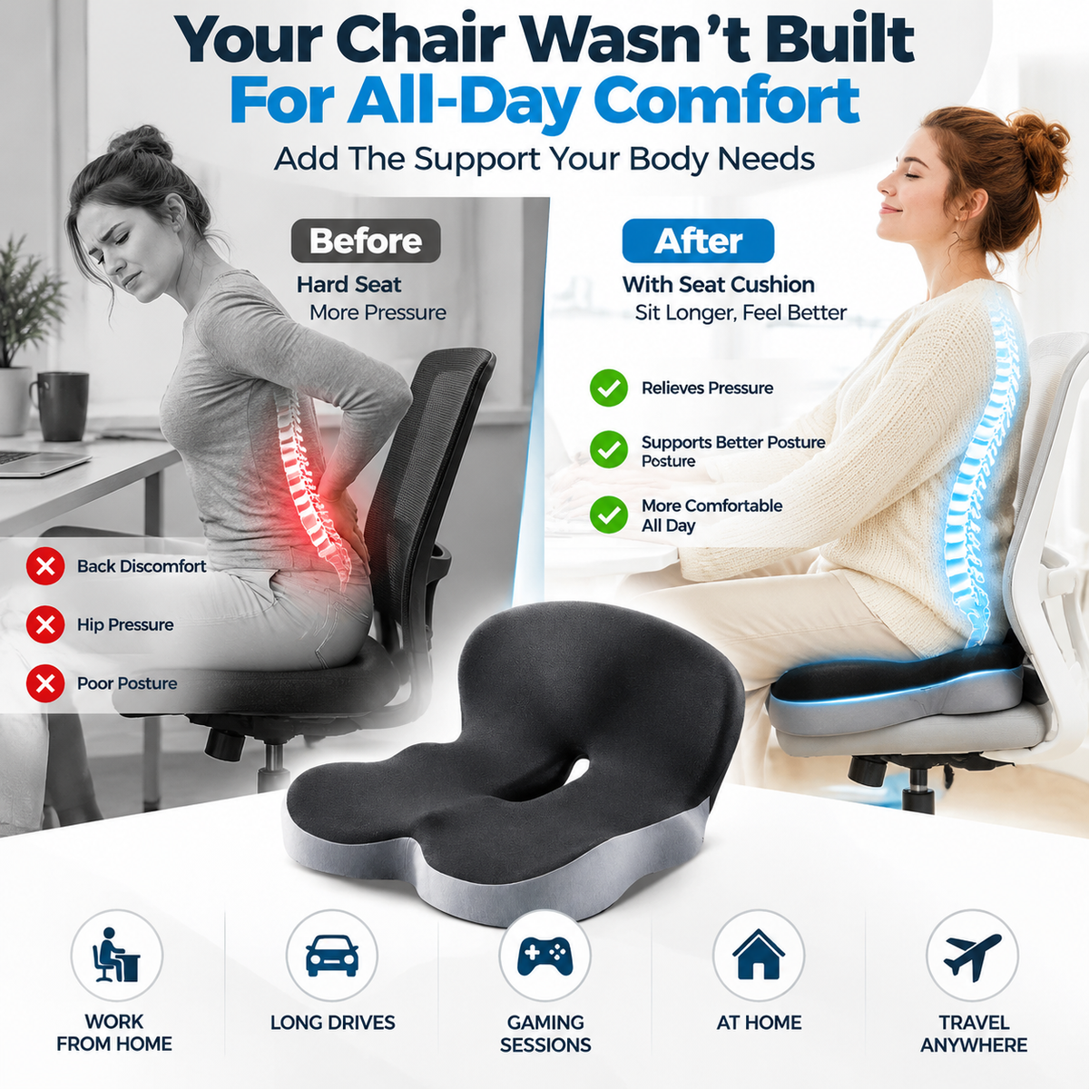 🪑 Ergonomic Memory Foam Seat Cushion – Ultimate Comfort Support for Office, Car & Home