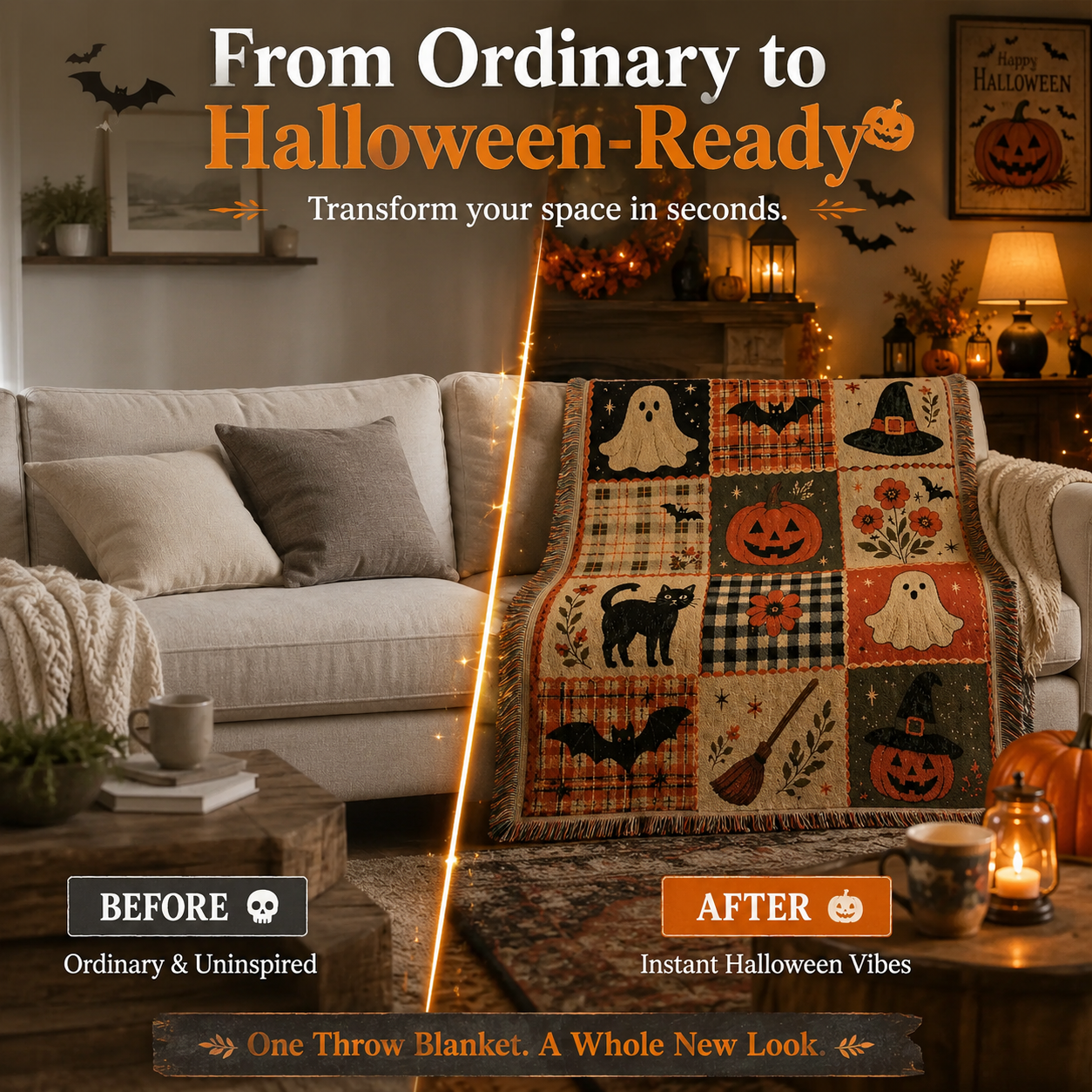🎃 Vintage Halloween Patchwork Throw Blanket – Cozy Fall Home Decor