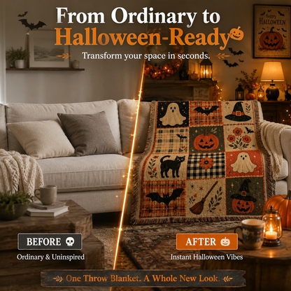 🎃 Vintage Halloween Patchwork Throw Blanket – Cozy Fall Home Decor