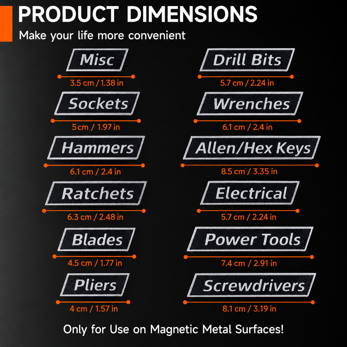 Dimensions for twelve magnetic metal toolbox labels