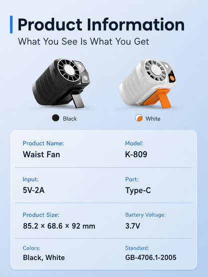 Portable Waist Fan, Rechargeable Multi-functional Fan