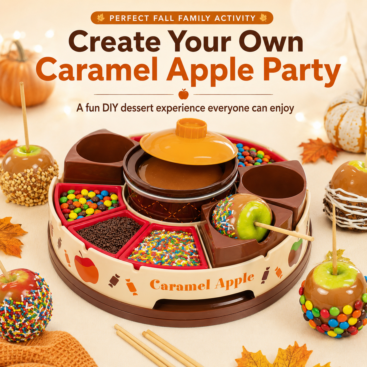 🍎 Caramel Apple Party Kit | Rotating DIY Dessert Station for Fun Family Treat Making