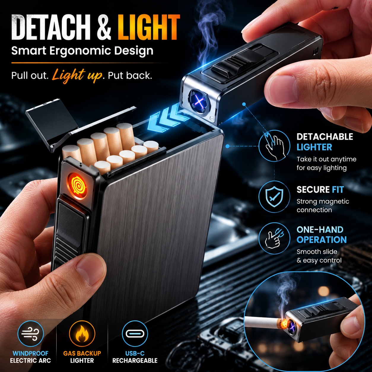 3-in-1 Multifunctional Cigarette Case | Windproof Electric & Gas Lighter EDC