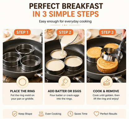 🥞 Café-Style Breakfast Ring Molds – Stainless Steel English Muffin, Pancake & Egg Rings
