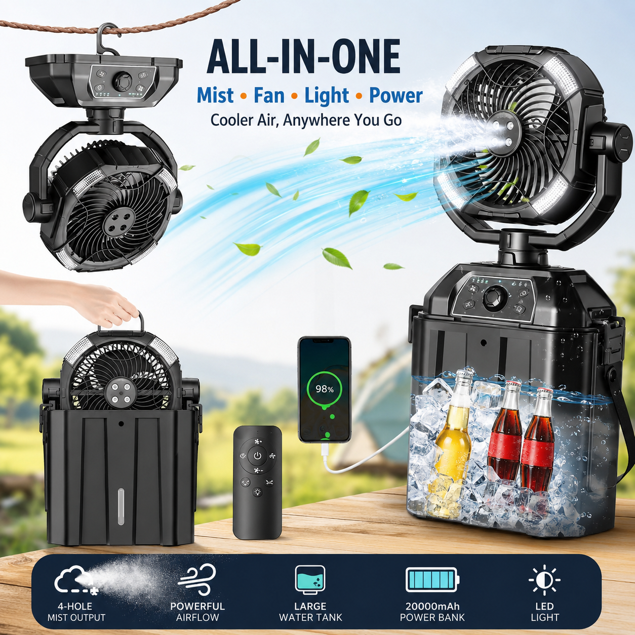 ❄️ 4-in-1 Rechargeable Misting Fan with LED Light & Emergency Power Bank