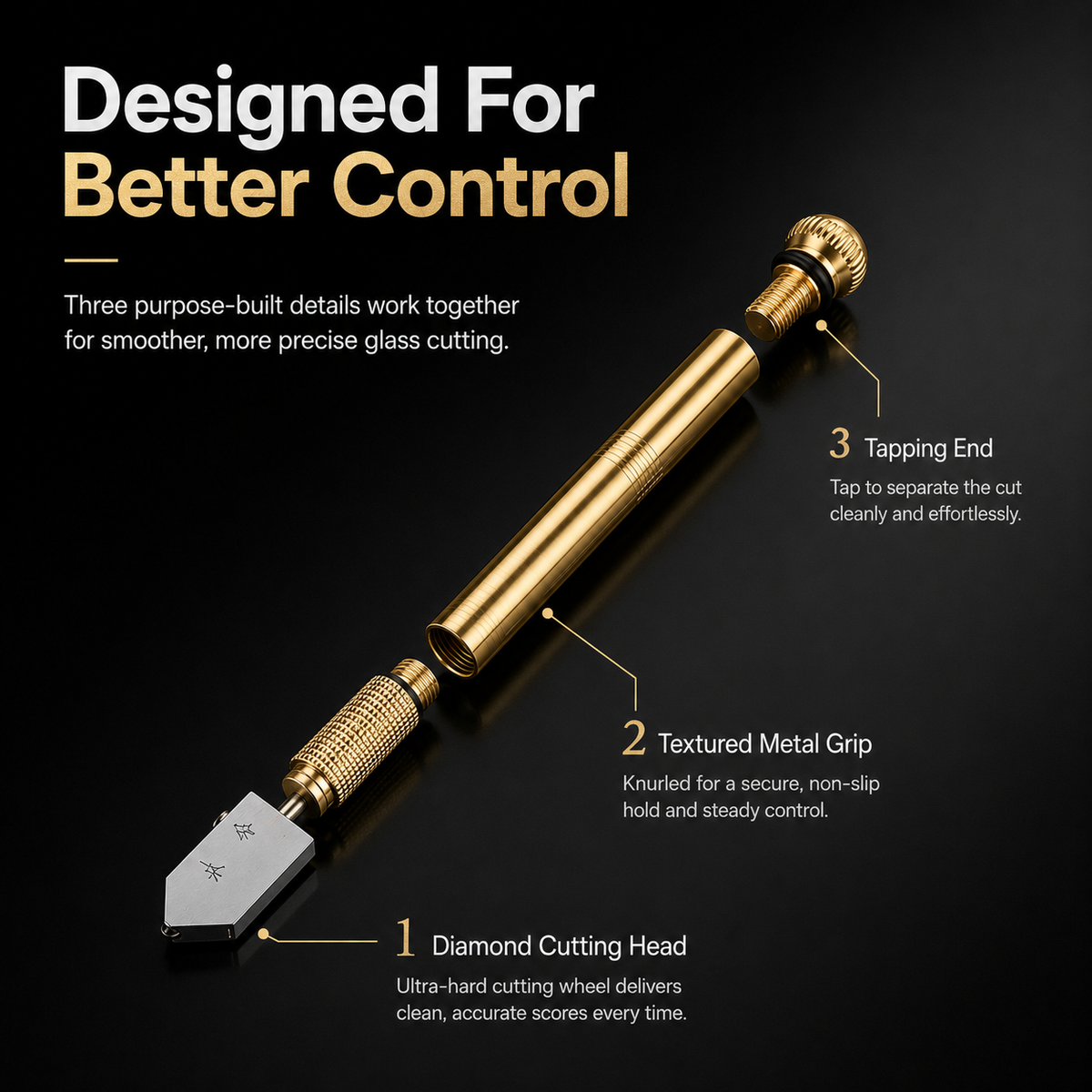 Diamond glass cutting head anti slip grip and tapping end