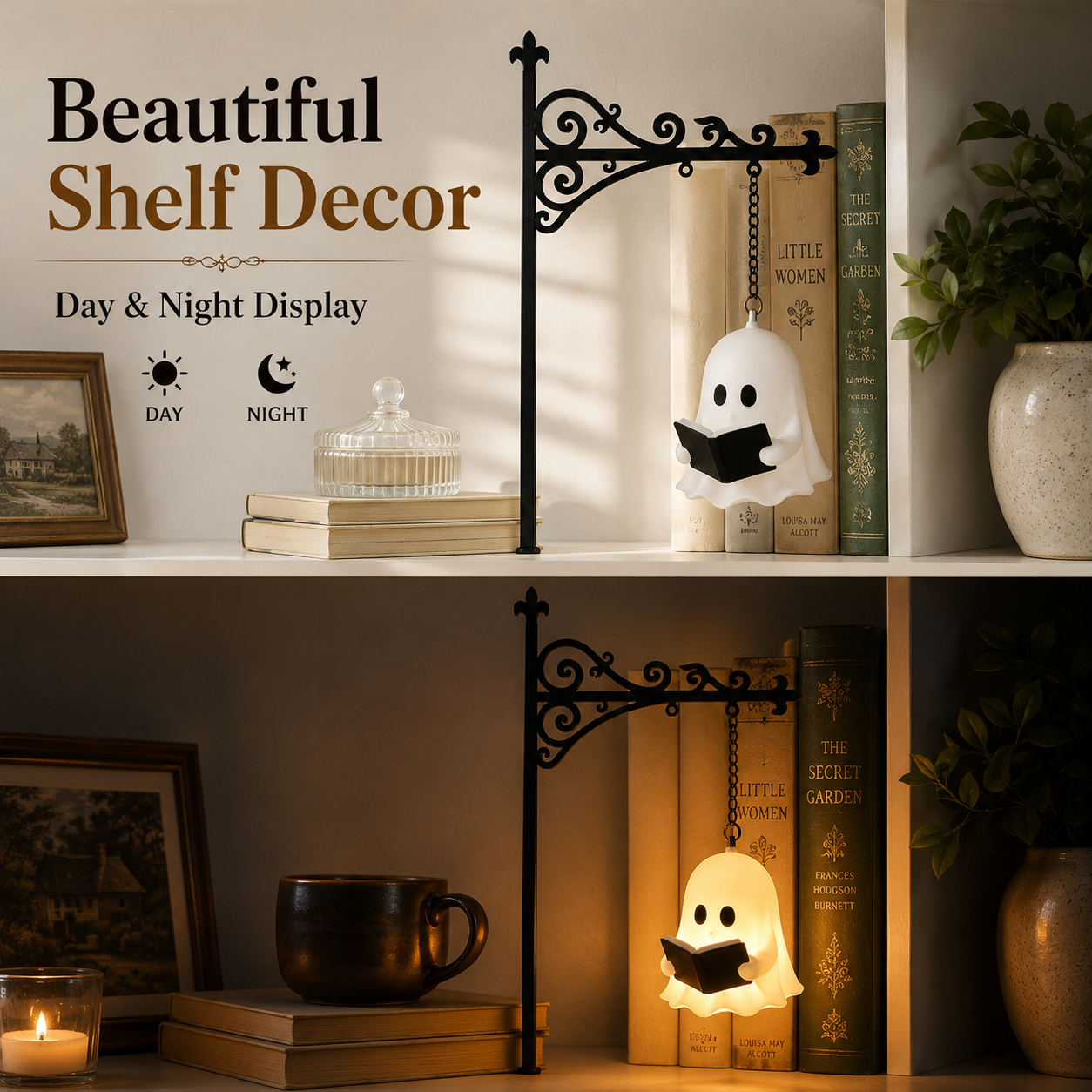 👻 Bookshelf Ghost Lantern Light – Cozy Reading Decor for Book Lovers