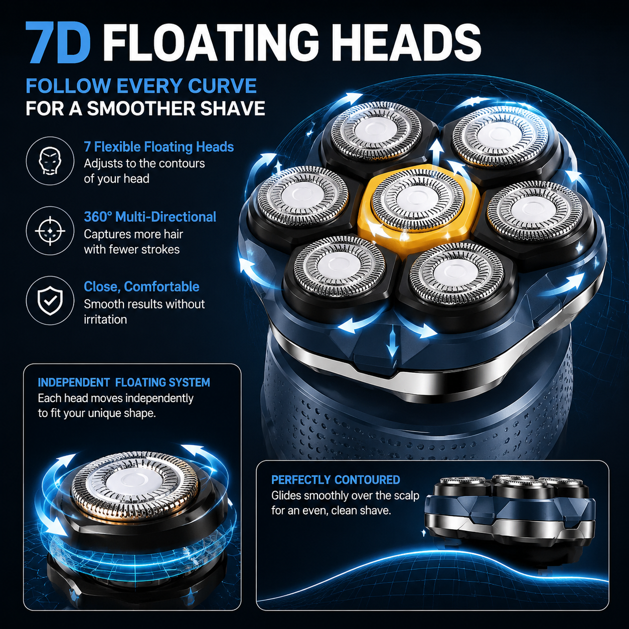 🔥 7D Floating Head Shaver for Men – Cordless Waterproof Electric Bald Head Razor