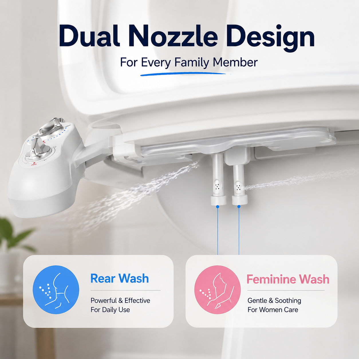 Non-Electric Bidet Attachment for Toilet – Dual Nozzle Front & Rear Wash, Adjustable Water Pressure, Eco-Friendly Toilet Seat Adapter for Personal Hygiene, Reduce Toilet Paper Use