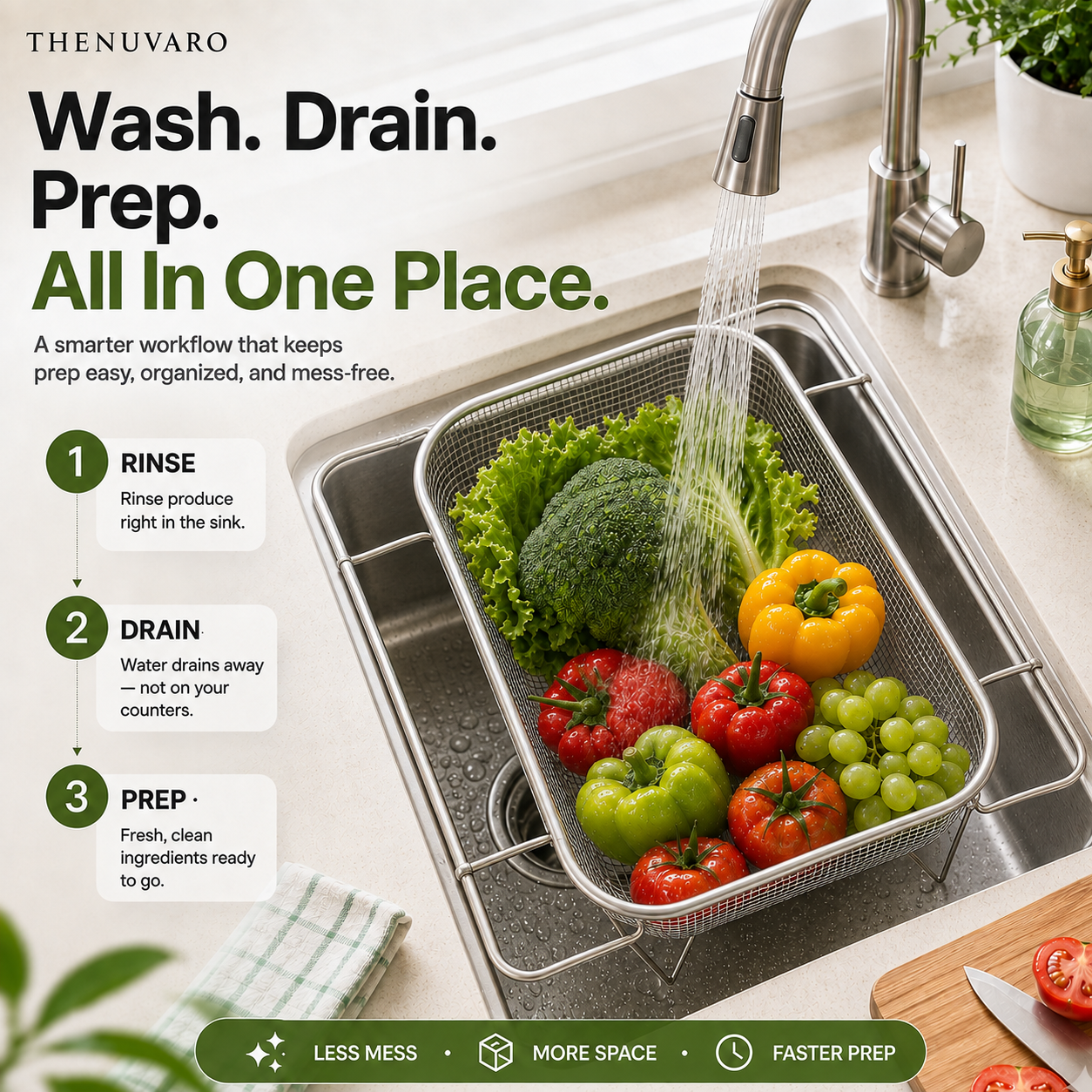 🥬 304 Food-Grade Stainless Steel Expandable Sink Colander