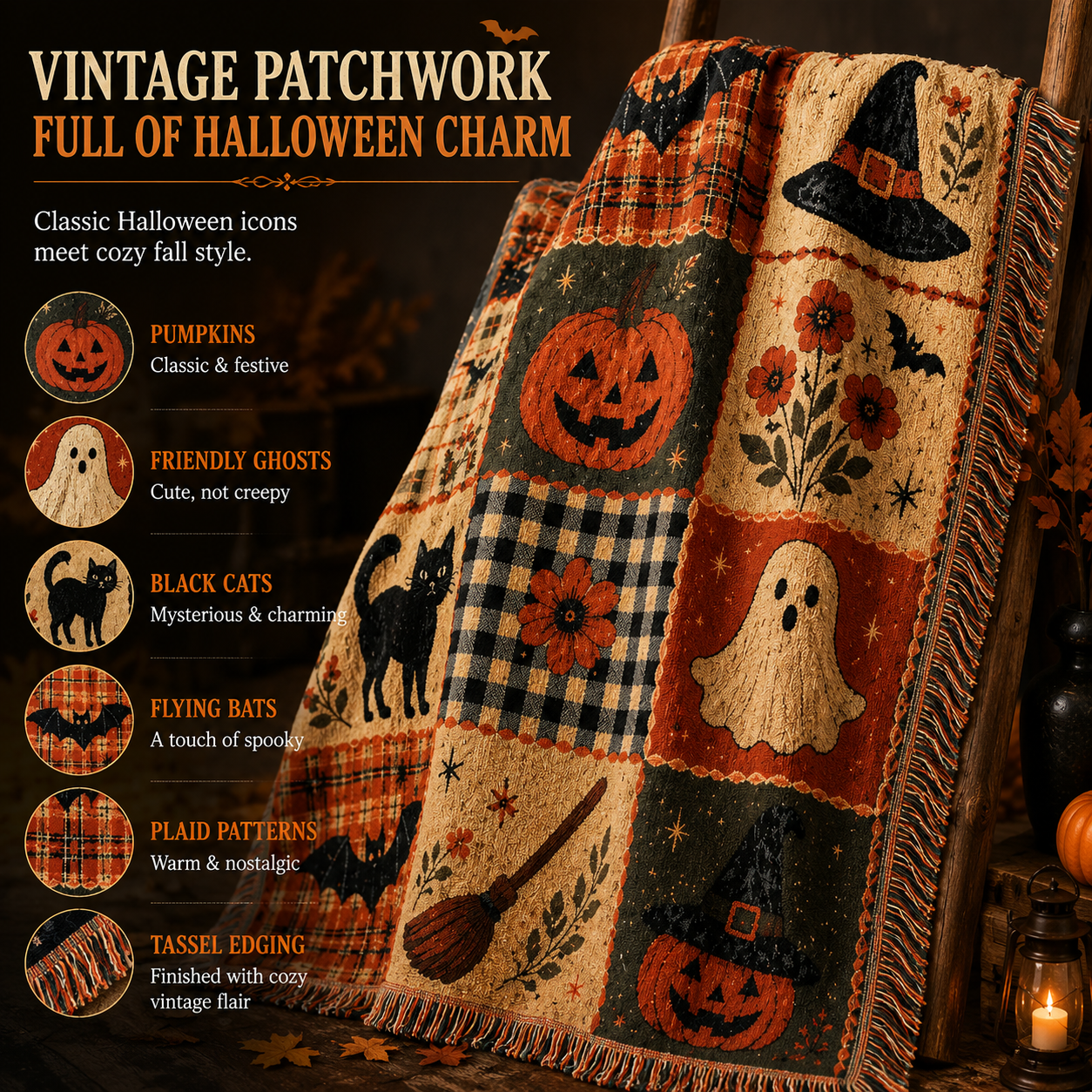 🎃 Vintage Halloween Patchwork Throw Blanket – Cozy Fall Home Decor
