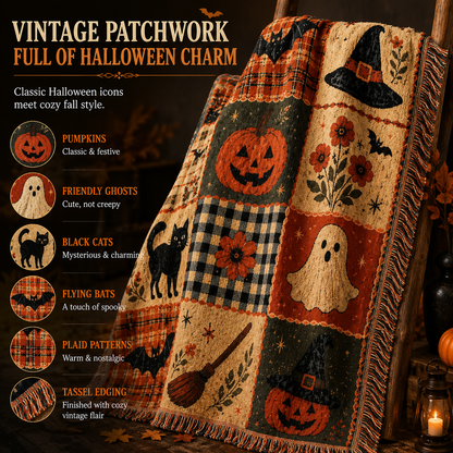 🎃 Vintage Halloween Patchwork Throw Blanket – Cozy Fall Home Decor