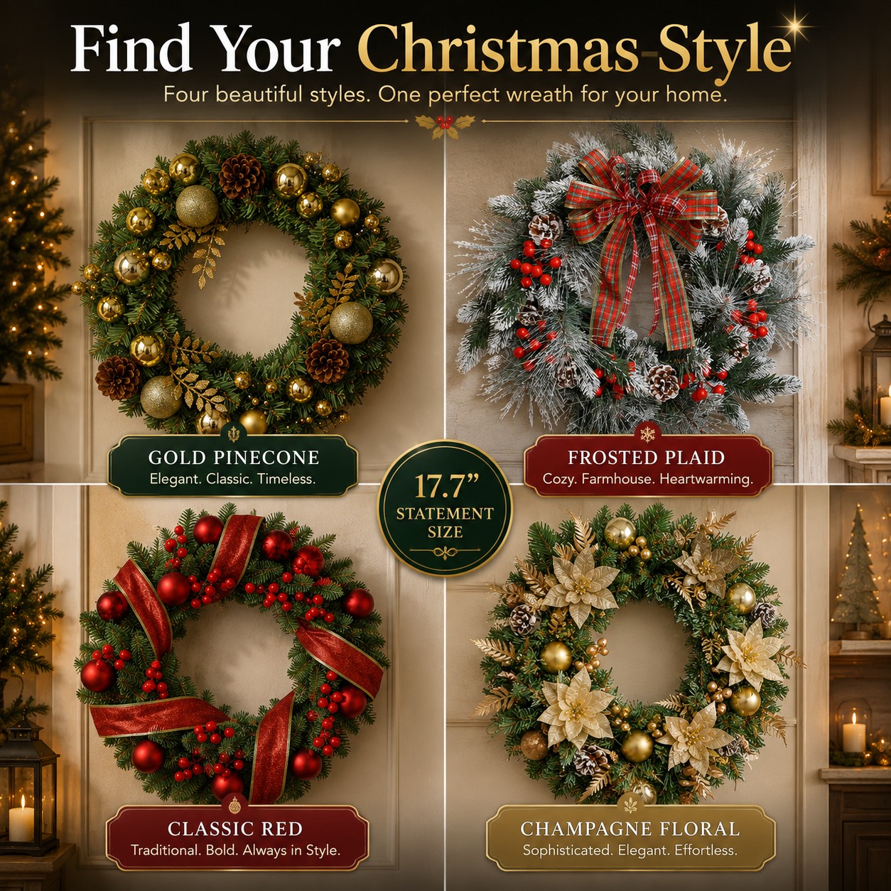🎄 17.7" Christmas Wreath – Instant Holiday Magic for Your Home