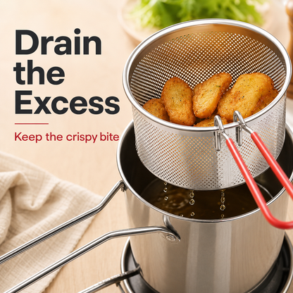 🍟 Personal Mini Deep Fryer Set – Stainless Steel Pot with Lift-Out Draining Basket & Food Tongs