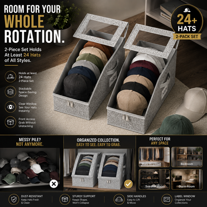 🧢 24+ Cap Stackable Hat Storage Boxes – 2-Pack