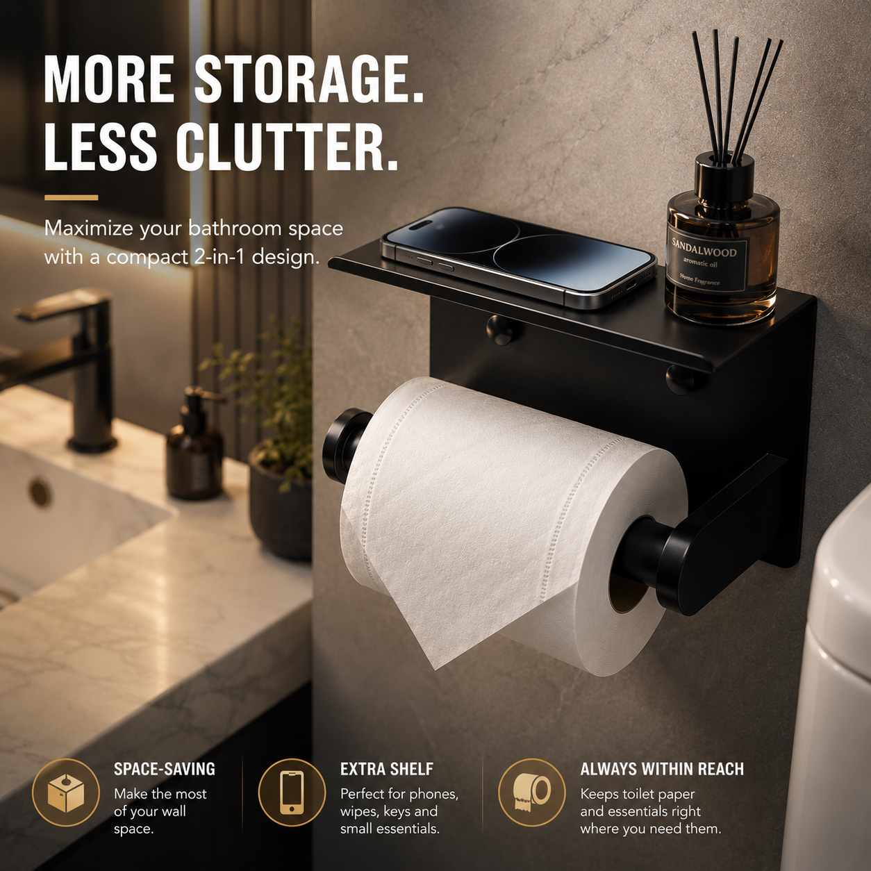 🧻 2pack -2-in-1 Toilet Paper Holder with Shelf – Space-Saving Bathroom Organizer