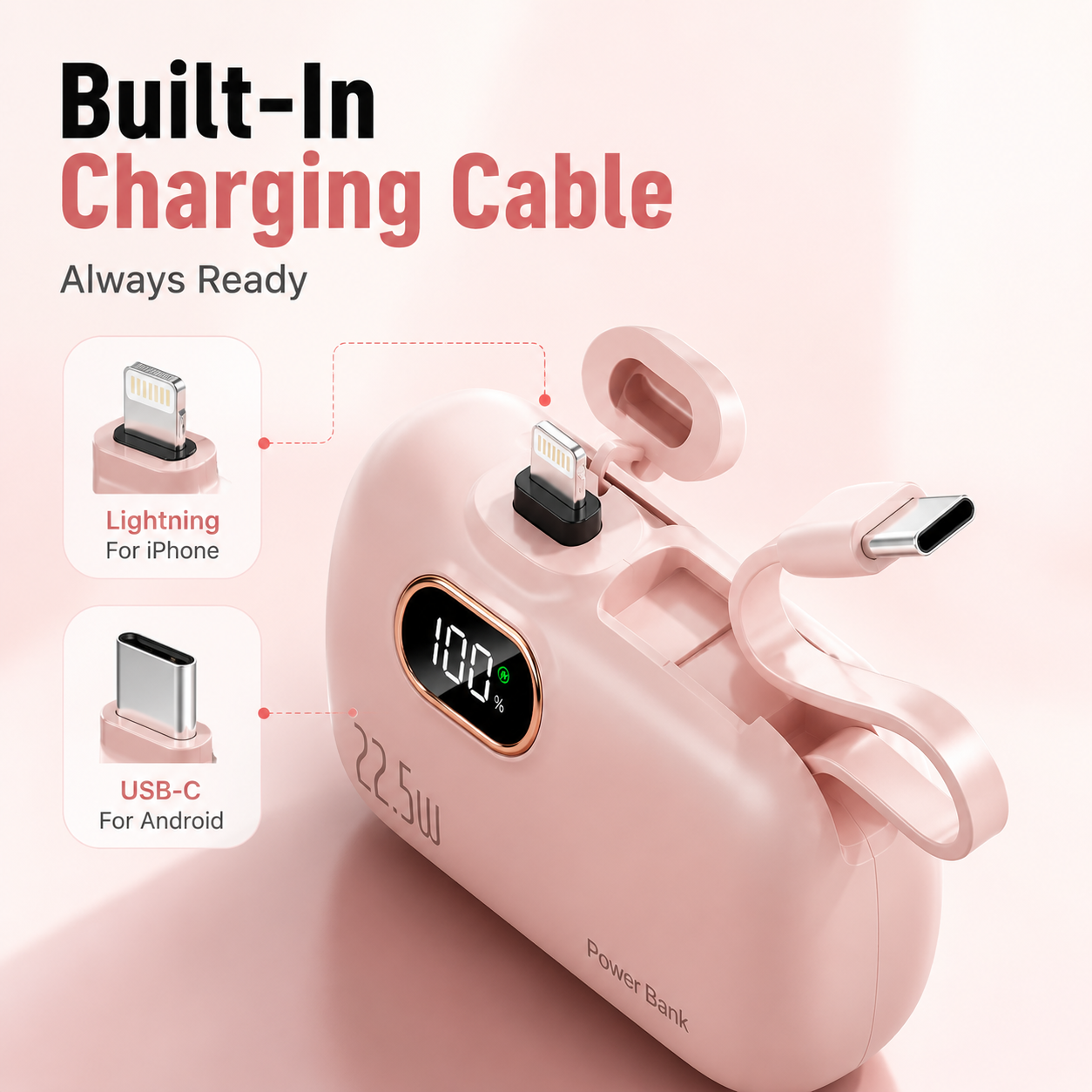 🔋 Pocket Power Bank With Built-In Cable – 22.5W Fast Charging