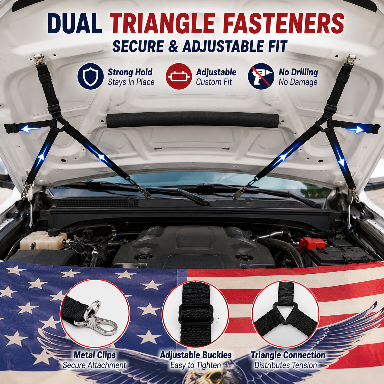 🇺🇸 Texas Flag Car Hood Cover with Dual Triangle Fasteners – Easy-Install Patriotic Decoration for Trucks, SUVs & Cars