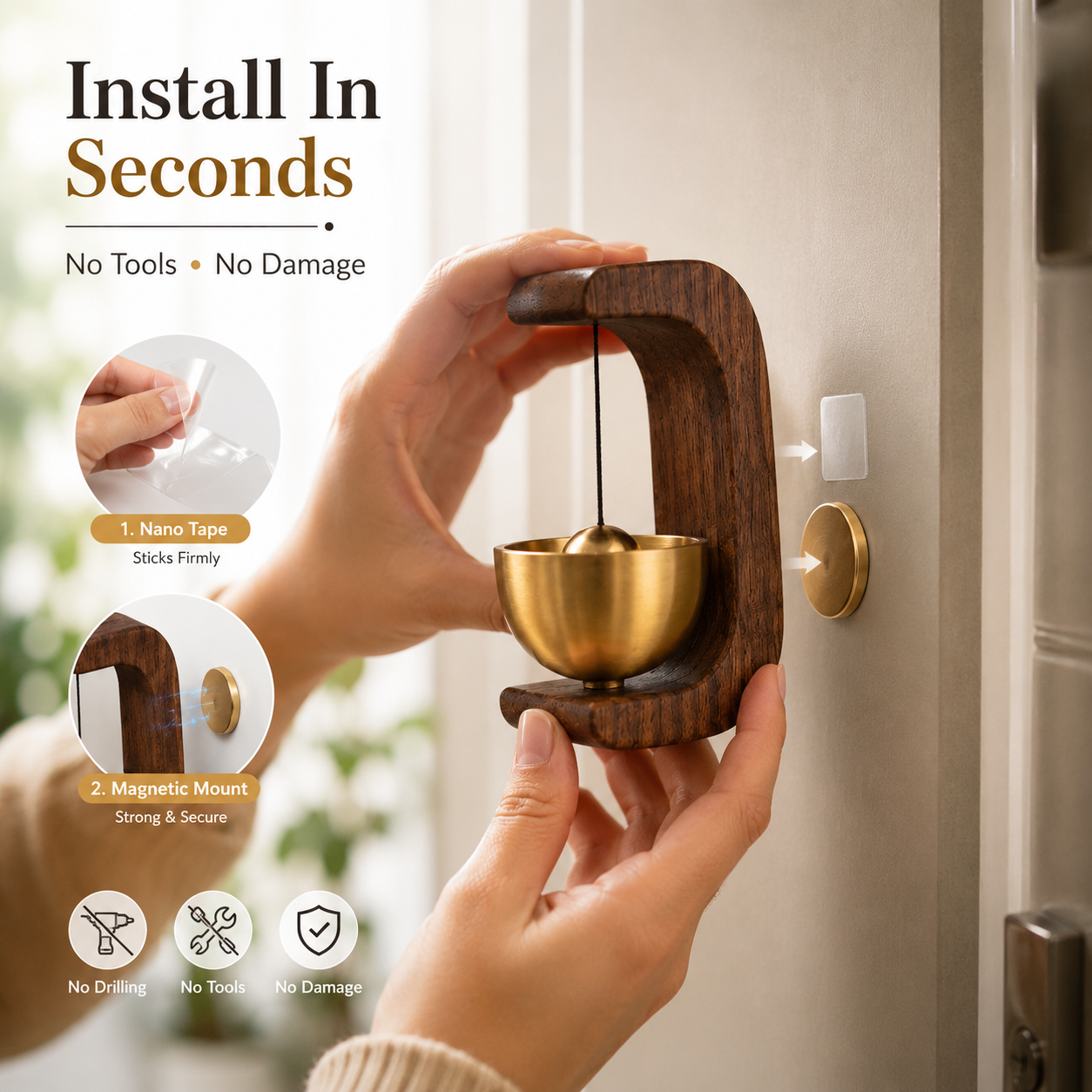 🎐 Magnetic Wooden Door Chime with Nano Adhesive – Handcrafted Brass Entry Bell