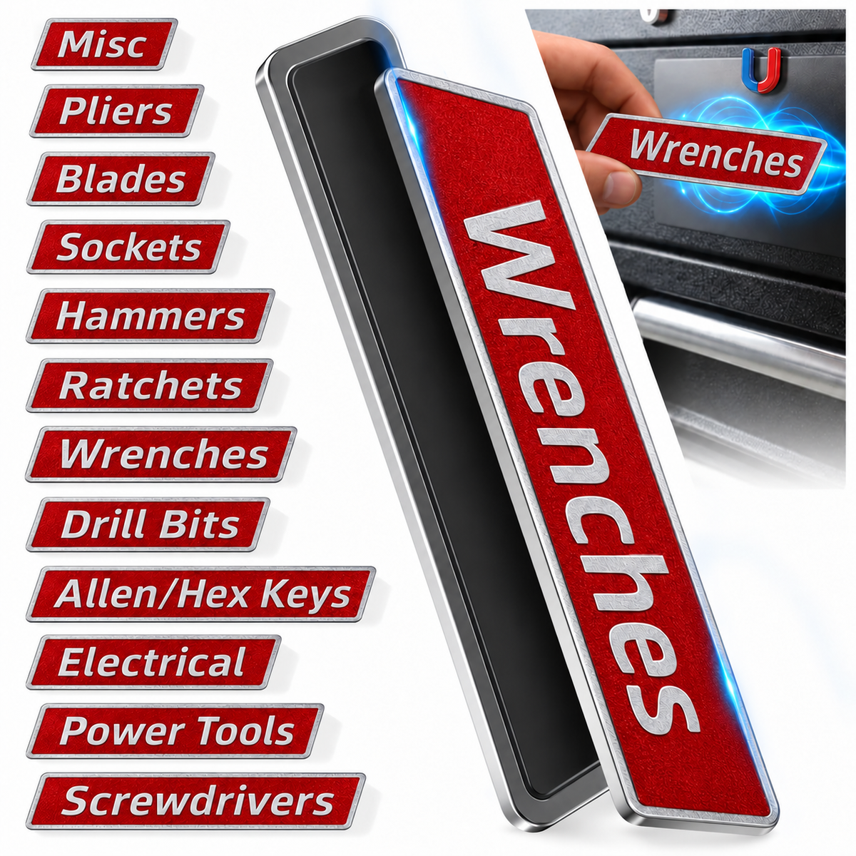 Red twelve pack magnetic metal toolbox labels