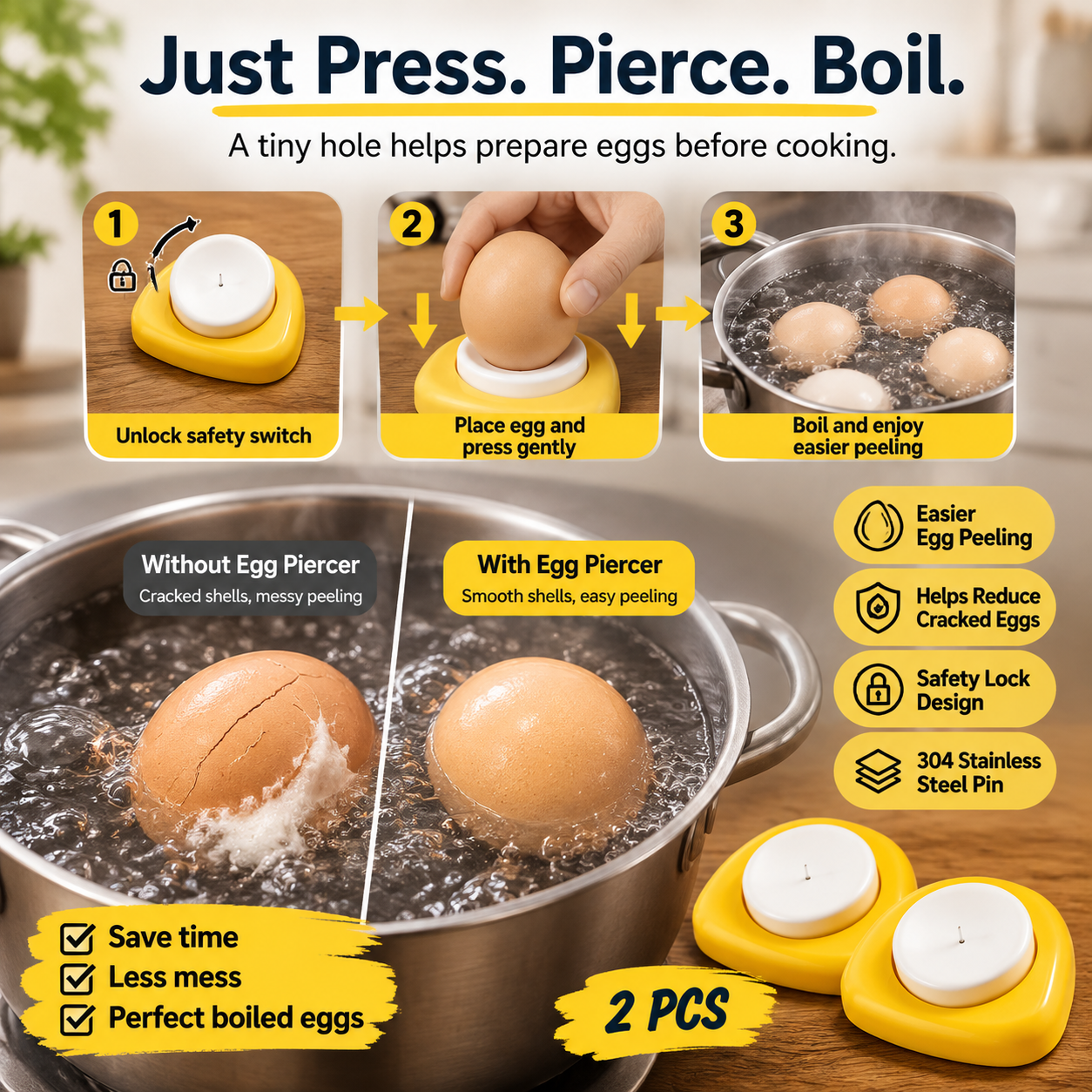 🥚 2PCS Egg Piercer for Perfect Boiled Eggs – Easy Peel Egg Tool with Safety Lock & 304 Stainless Steel Pin