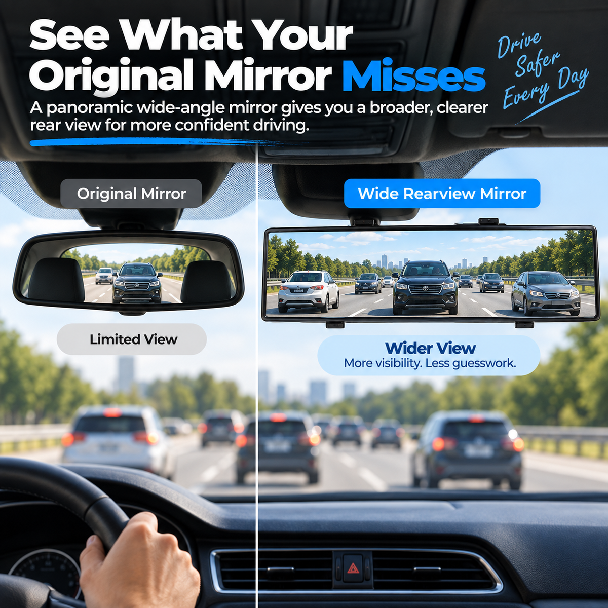🚗 Wide Angle Rearview Mirror – See More, Drive With Confidence