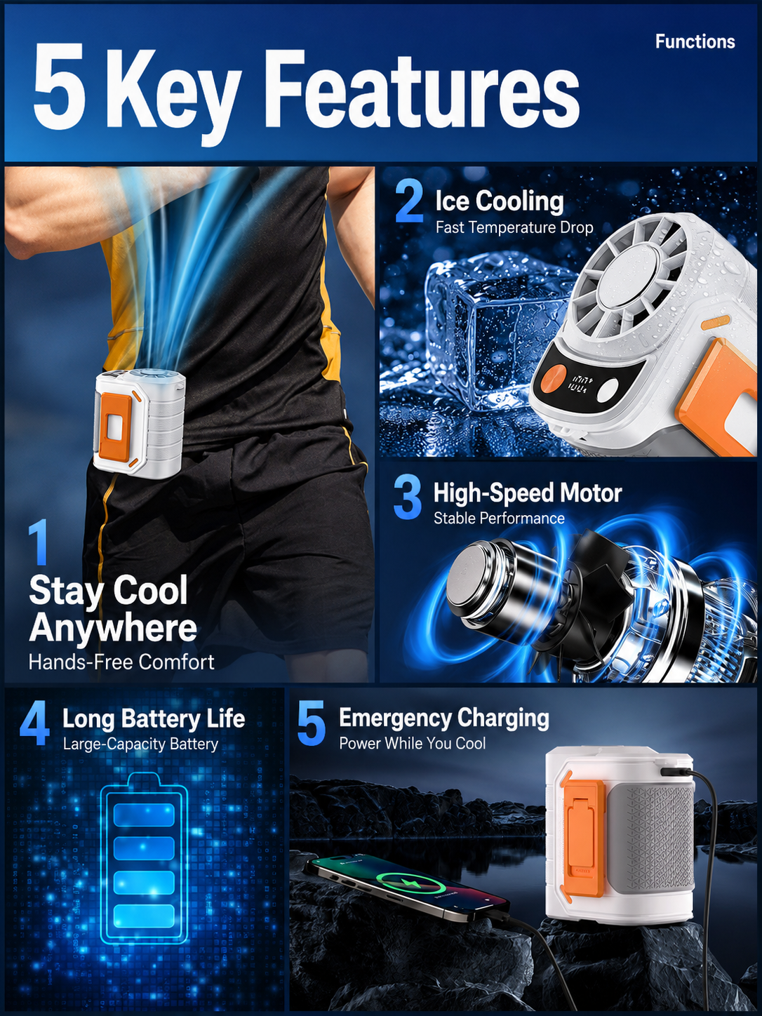 Portable Waist Fan, Rechargeable Multi-functional Fan