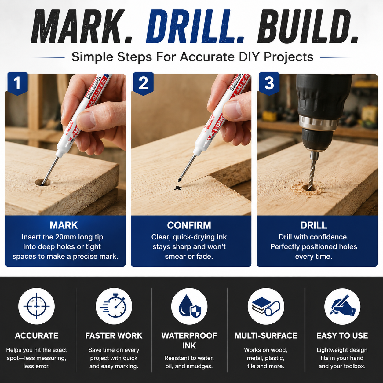 🛠️ Deep Hole Marker Pen – 20mm Long Reach Tip for Precise DIY & Woodworking Marks