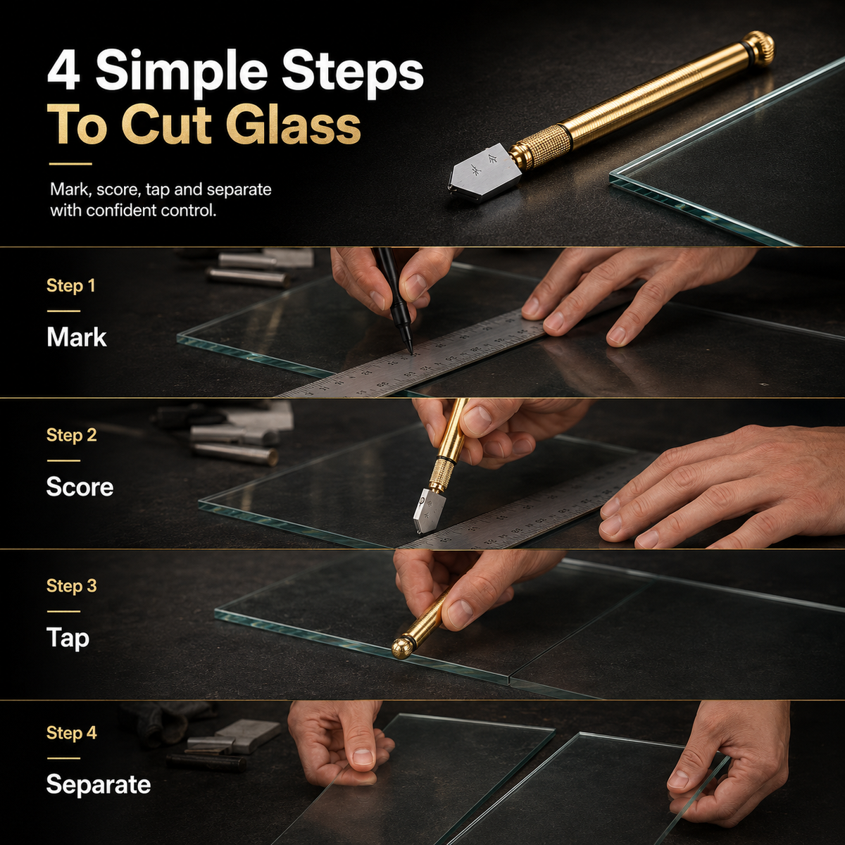 Four steps to cut glass mark score tap and separate
