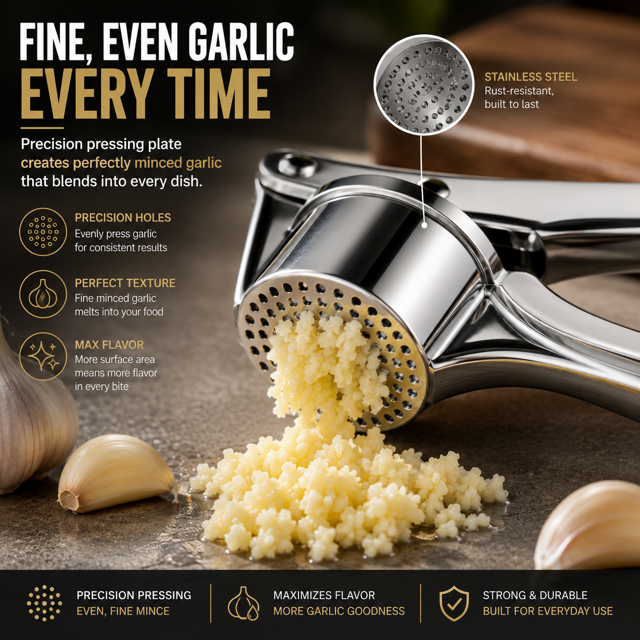 🧄 Heavy-Duty Stainless Steel Garlic Press – Fresh Minced Garlic in Seconds
