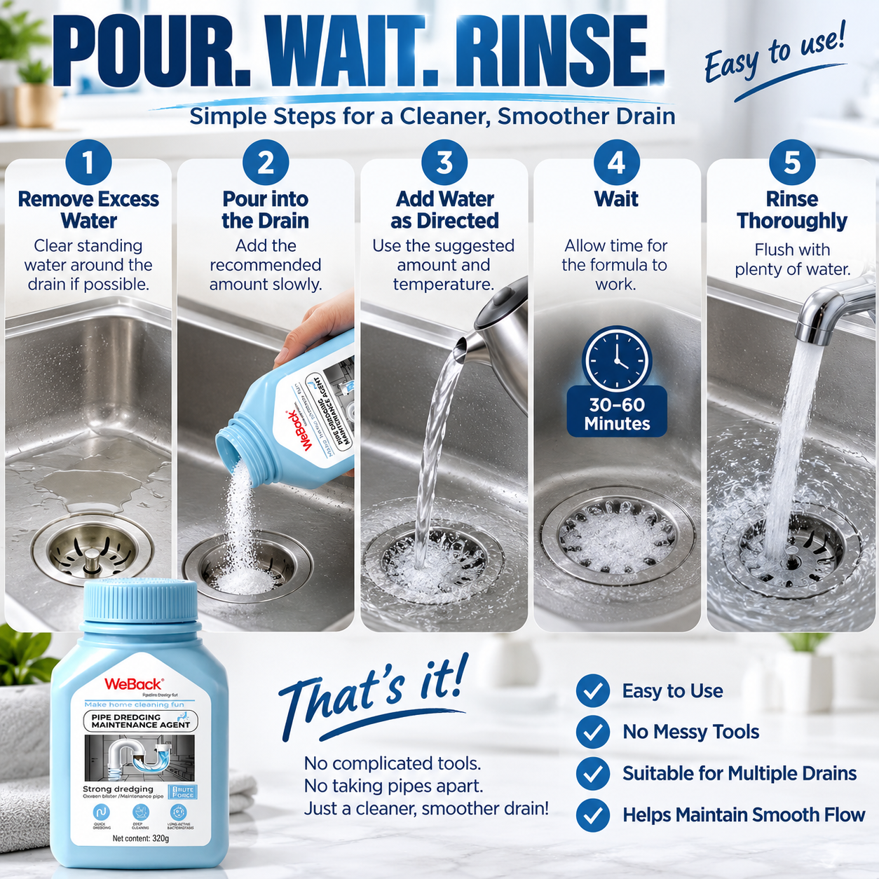 💧 Powerful Drain Cleaner – Breaks Down Hair, Grease & Everyday Buildup
