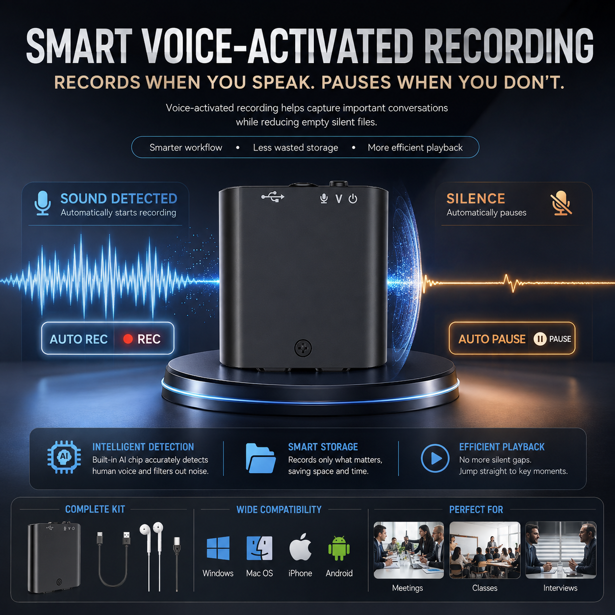 Mini Magnetic Voice Recorder – One-Touch Recording, AI Noise Reduction & OTG Transfer